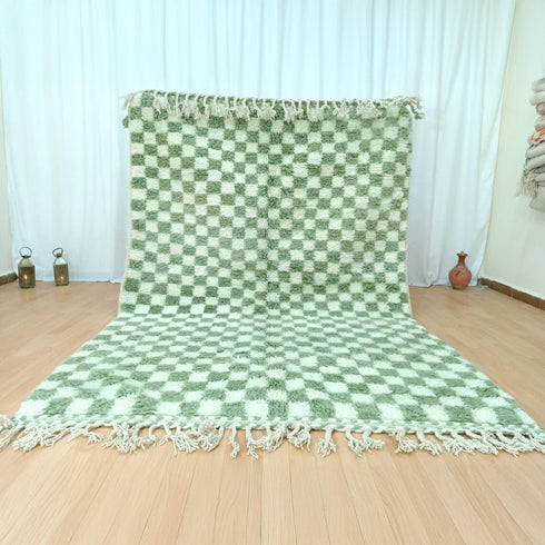 Authentic Green Checkered Moroccan Berber Rug – Handmade Wool Carpet