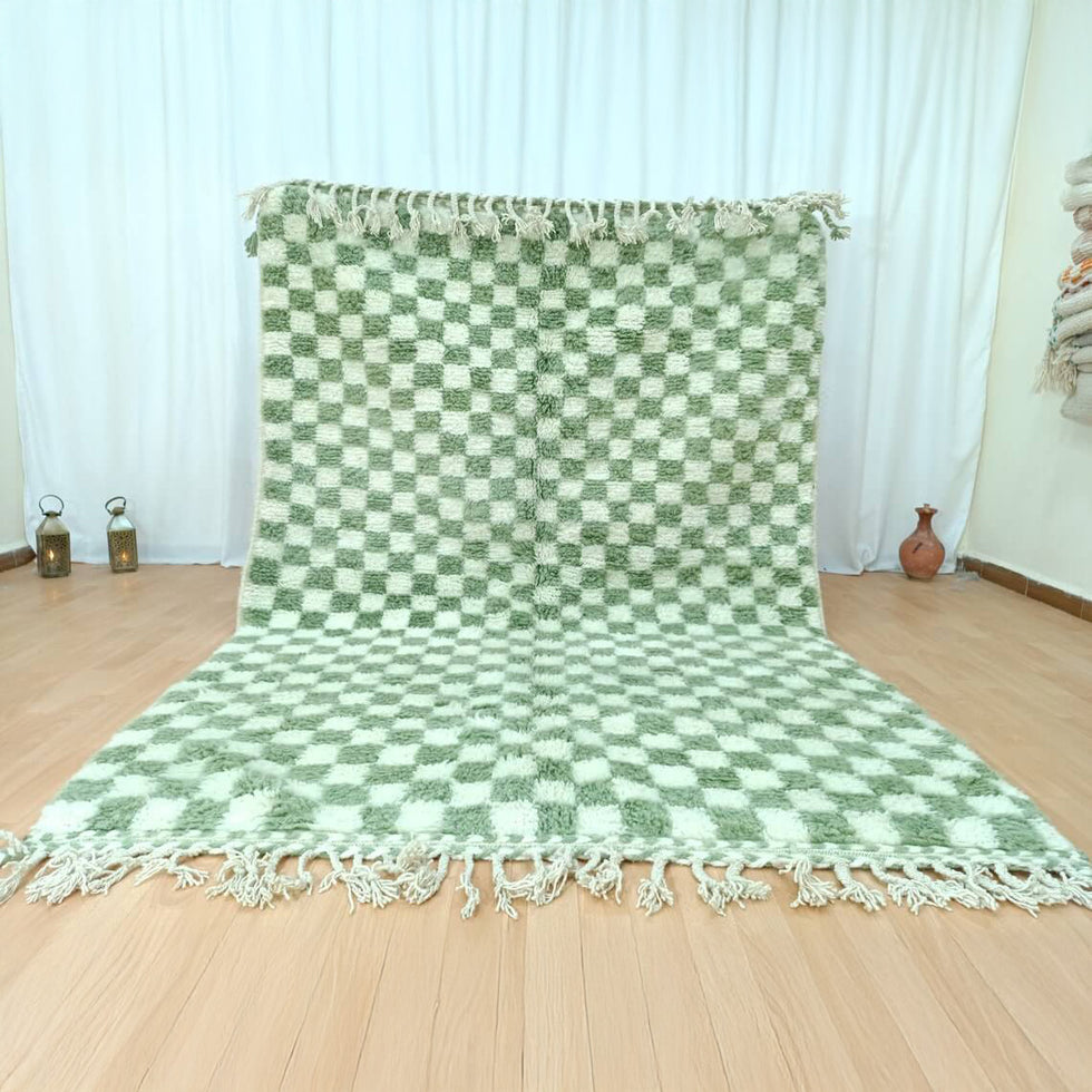 Moroccan Berber Rug – Green & White Checkered Wool Area Rug