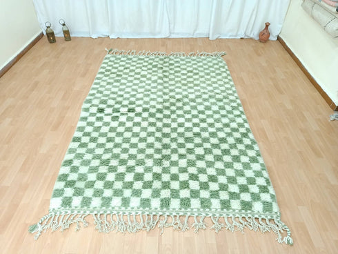 Authentic Green Checkered Moroccan Berber Rug – Handmade Wool Carpet
