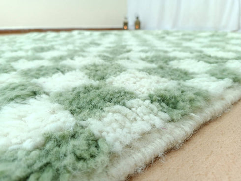 Authentic Green Checkered Moroccan Berber Rug – Handmade Wool Carpet