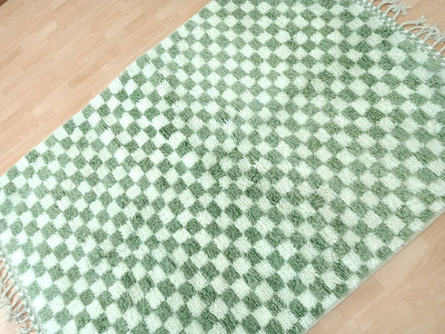 Authentic Green Checkered Moroccan Berber Rug – Handmade Wool Carpet