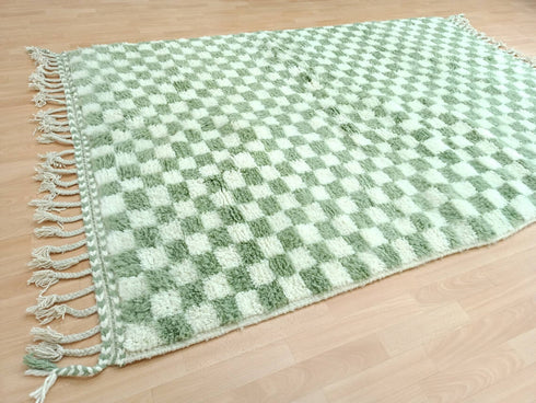 Authentic Green Checkered Moroccan Berber Rug – Handmade Wool Carpet