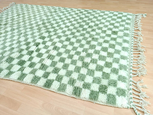 Authentic Green Checkered Moroccan Berber Rug – Handmade Wool Carpet
