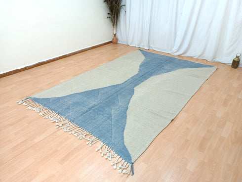 Beige & Blue Moroccan Handwoven Rug – Custom Flat Kilim Design