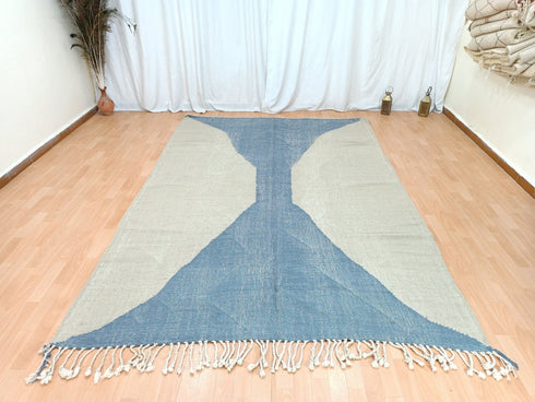 Beige & Blue Moroccan Handwoven Rug – Custom Flat Kilim Design