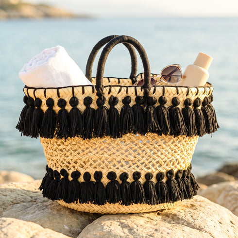 Handmade Straw Beach Bag – Black Tassel Tote, Openwork