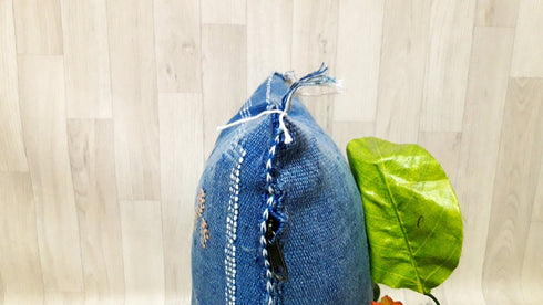Blue Cactus Silk Pillow - Handmade Moroccan Lumbar Cushion (SP 1004)