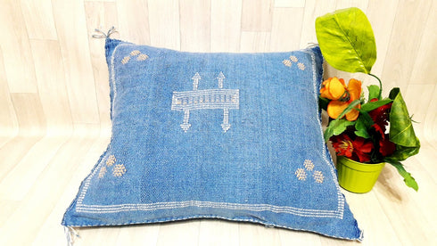 Blue Cactus Silk Pillow - Handmade Moroccan Lumbar Cushion (SP 1004)