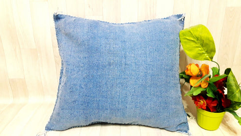 Blue Cactus Silk Pillow - Handmade Moroccan Lumbar Cushion (SP 1004)