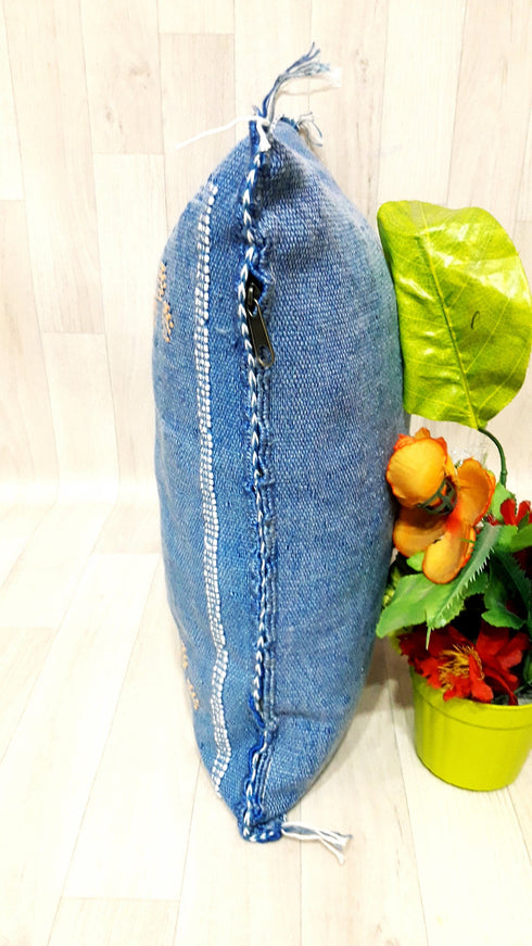 Blue Cactus Silk Pillow - Handmade Moroccan Lumbar Cushion (SP 1004)