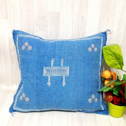 Blue Cactus Silk Pillow - Handmade Moroccan Lumbar Cushion (SP 1004)
