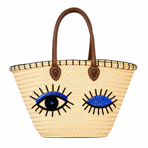 Winky Eyes Sequin Straw Basket Bag | Leather Handle Tote