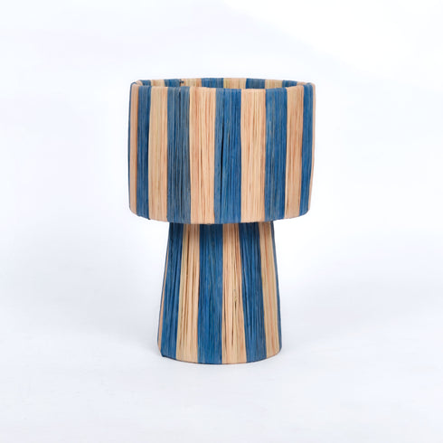 Striped Blue Raffia Table Lamp – Moroccan Handmade Natural Fiber Lampshade
