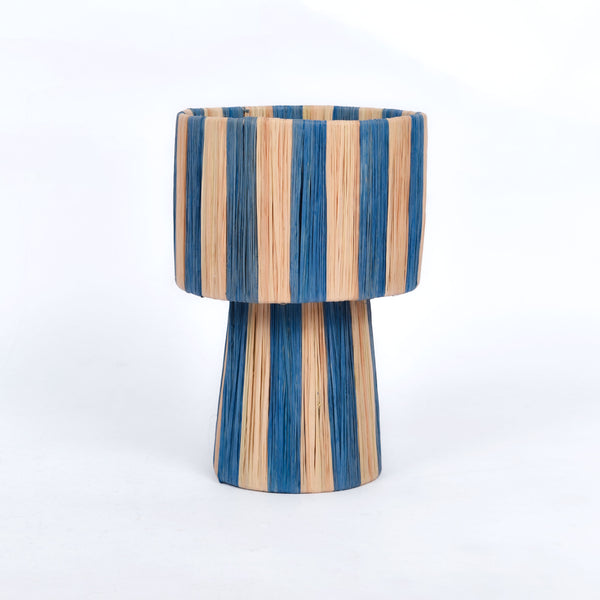 Striped Blue Raffia Table Lamp – Moroccan Handmade Natural Fiber Lampshade