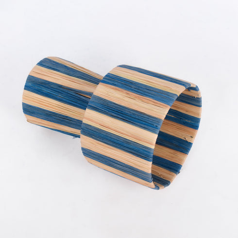 Striped Blue Raffia Table Lamp – Moroccan Handmade Natural Fiber Lampshade