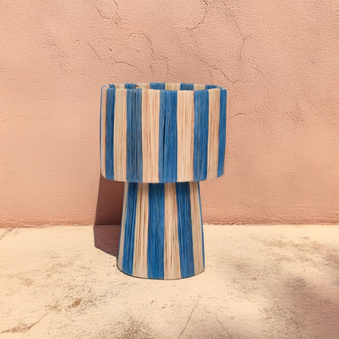 Striped Blue Raffia Table Lamp – Moroccan Handmade Natural Fiber Lampshade