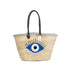 Bohemian Evil Eye Straw Tote | Black Leather Handles