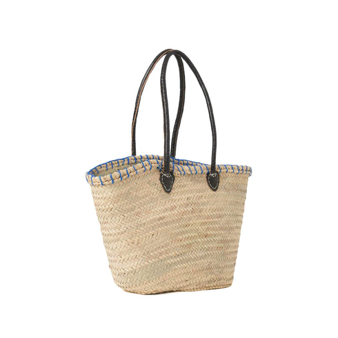 Bohemian Evil Eye Straw Tote | Black Leather Handles