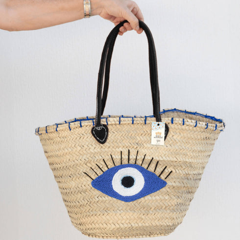 Bohemian Evil Eye Straw Tote | Black Leather Handles
