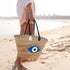Bohemian Evil Eye Straw Tote | Black Leather Handles