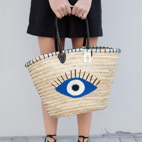 Bohemian Evil Eye Straw Tote | Black Leather Handles
