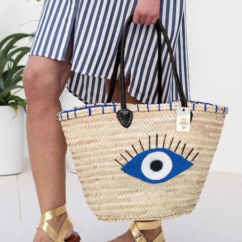 Bohemian Evil Eye Straw Tote | Black Leather Handles