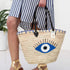 Bohemian Evil Eye Straw Tote | Black Leather Handles