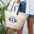 Bohemian Evil Eye Straw Tote | Black Leather Handles