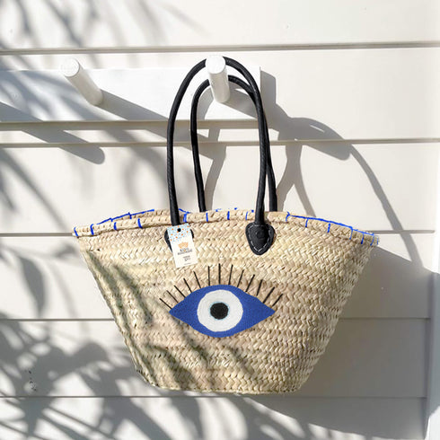 Bohemian Evil Eye Straw Tote | Black Leather Handles