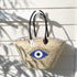 Bohemian Evil Eye Straw Tote | Black Leather Handles
