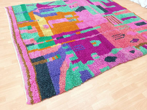 Bohemian Moroccan Rug - Handmade Berber Area Rug, Pink & Green