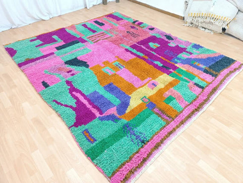 Bohemian Moroccan Rug - Handmade Berber Area Rug, Pink & Green