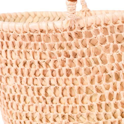 Boho Open-Weave Straw Basket Leather Handle & Unique Raffia Design