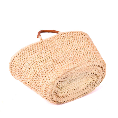 Boho Open-Weave Straw Basket Leather Handle & Unique Raffia Design