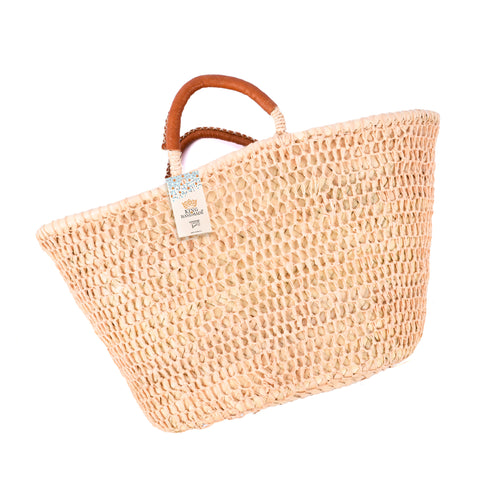 Boho Open-Weave Straw Basket Leather Handle & Unique Raffia Design