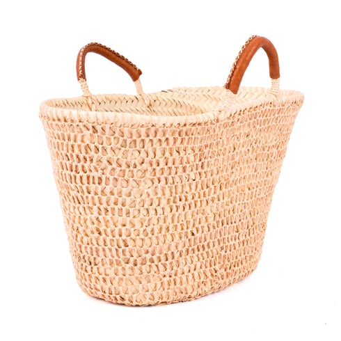 Boho Open-Weave Straw Basket Leather Handle & Unique Raffia Design