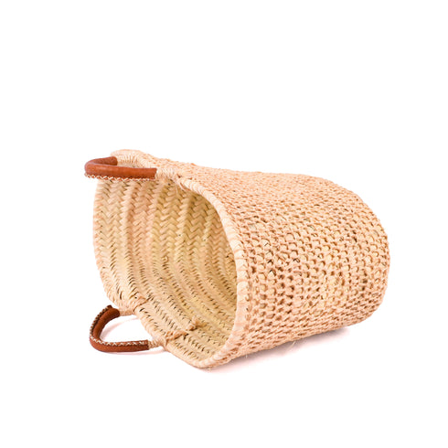Boho Open-Weave Straw Basket Leather Handle & Unique Raffia Design