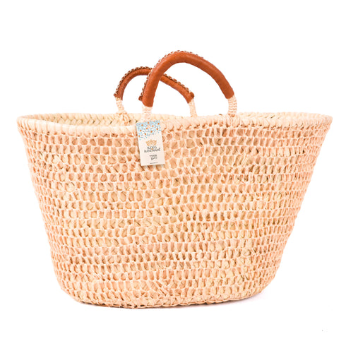 Boho Open-Weave Straw Basket Leather Handle & Unique Raffia Design