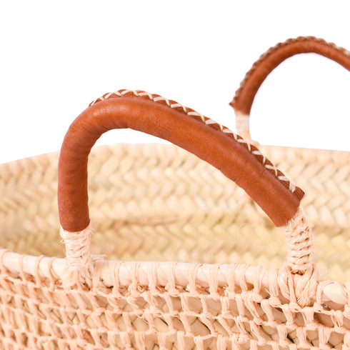 Boho Open-Weave Straw Basket Leather Handle & Unique Raffia Design