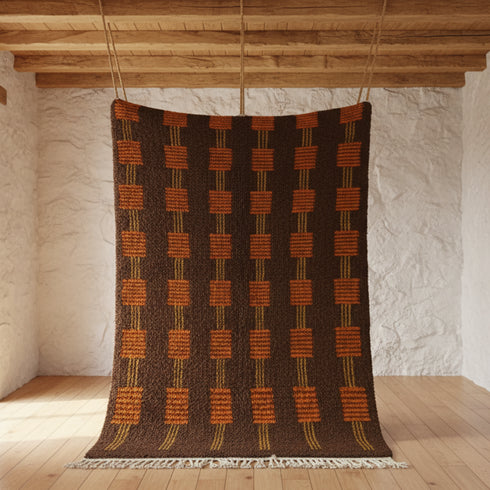 Brown Moroccan Wool Rug – Vertical Orange Geometric Square Pattern