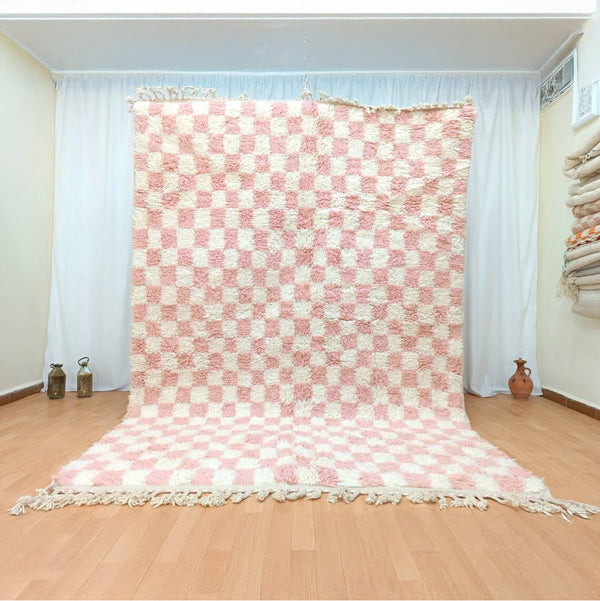 Moroccan Berber Rug – Pink & White Checkered Wool Area Rug