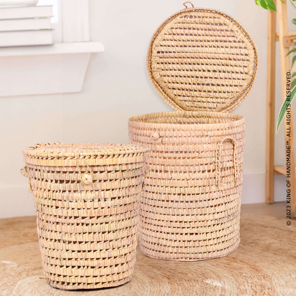 Woven Straw Laundry Basket – Boho Storage Basket with Lid