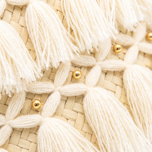 Moroccan Straw Beach Bag – Beige Tassel Tote with Leather Handles