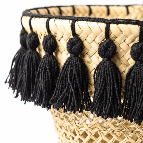 Handmade Straw Beach Bag – Black Tassel Tote, Openwork
