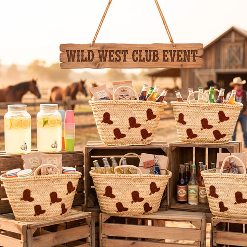 Cowboy Boots Embroidered Straw Basket – Western Style Gift Tote for Horse Riding Events 🐎