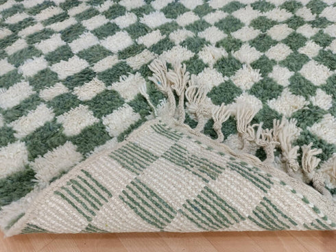 Custom Green & White Checkered Moroccan Berber Wool Rug