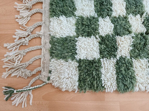 Custom Green & White Checkered Moroccan Berber Wool Rug