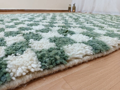 Custom Green & White Checkered Moroccan Berber Wool Rug