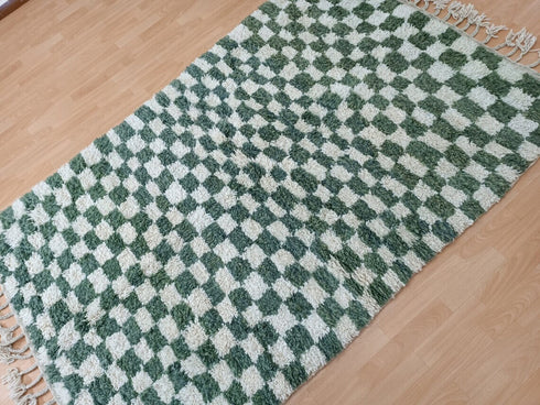 Custom Green & White Checkered Moroccan Berber Wool Rug