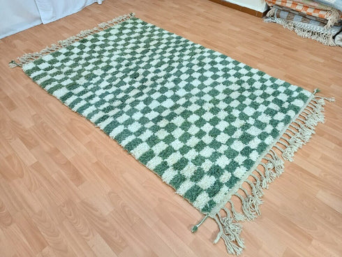 Custom Green & White Checkered Moroccan Berber Wool Rug